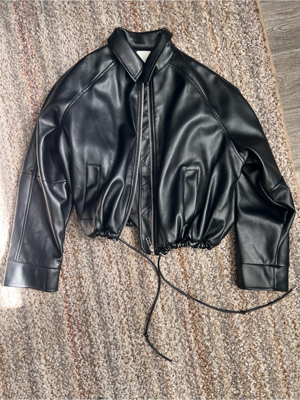 Cropped Black Faux Leather Drawstring Hem Jacket - Women